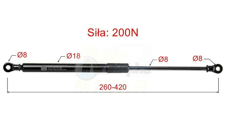 Plynový tlumič pro sklo dveří Zetor 420 mm 200N ekvivalent 60117921 velikost ok 8 mm